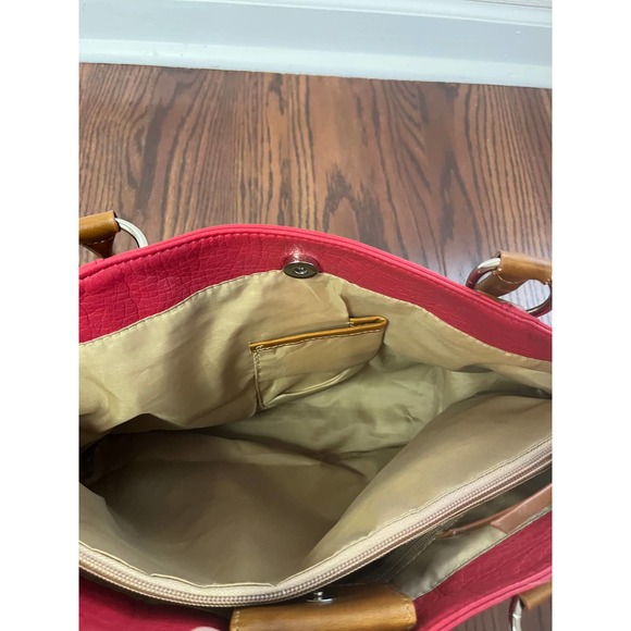 Red Purse Brown Straps Satchel Hand Bag Braided accents Pockets - Picture 6 of 8